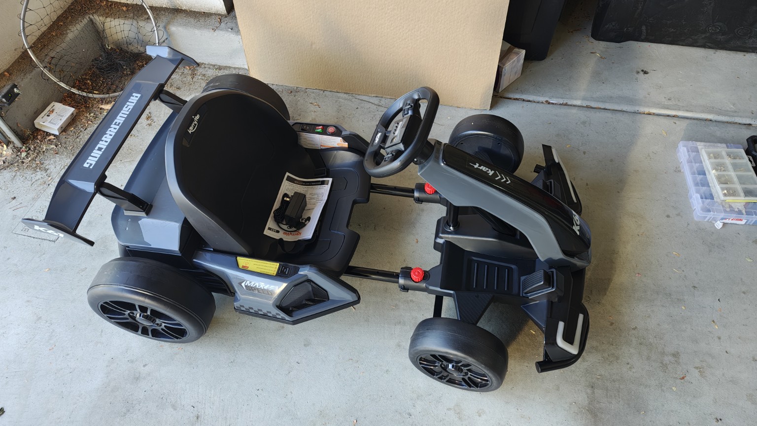 Completed gray electric drift cart after assembly