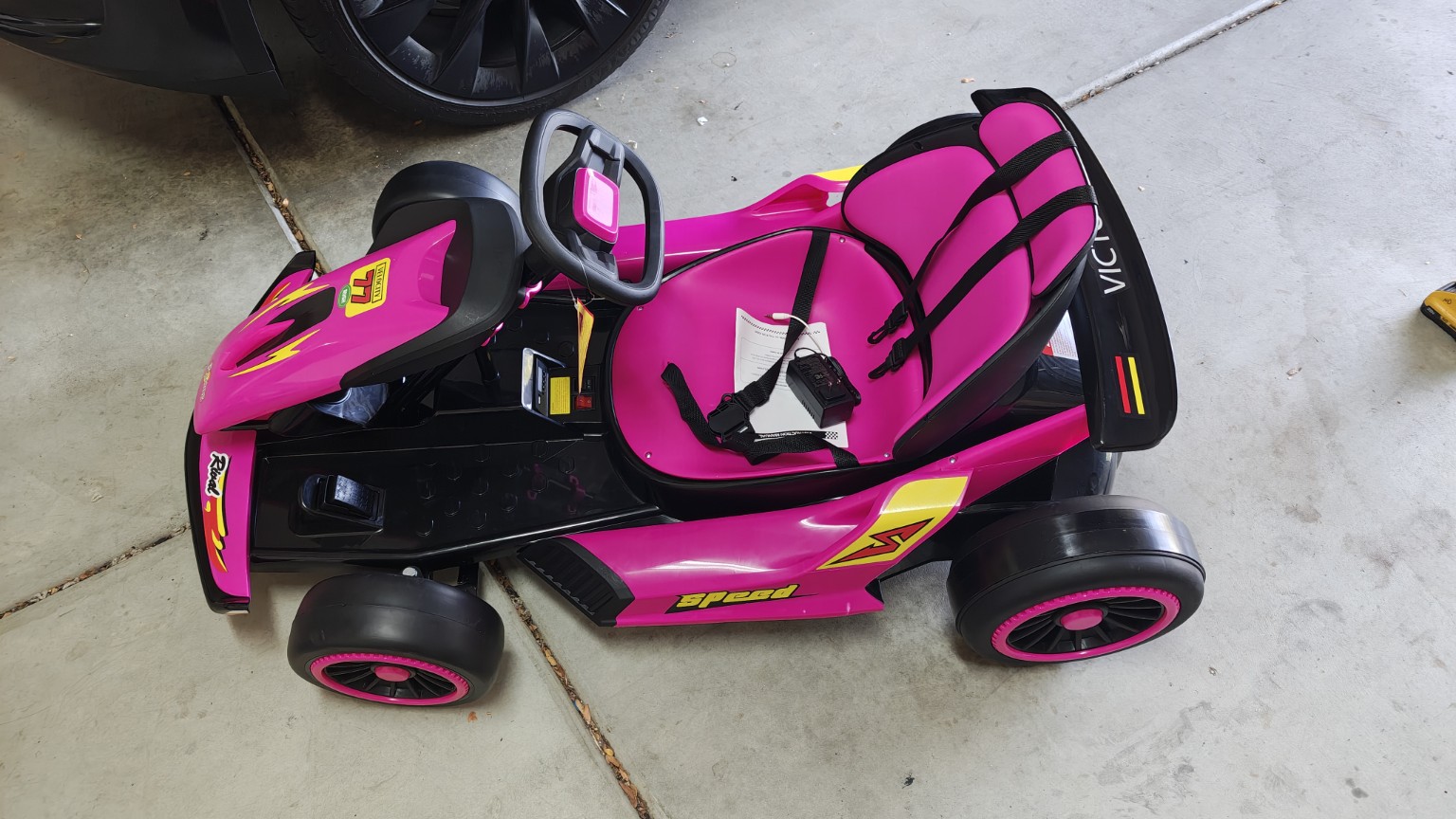 Completed pink electric drift cart after assembly